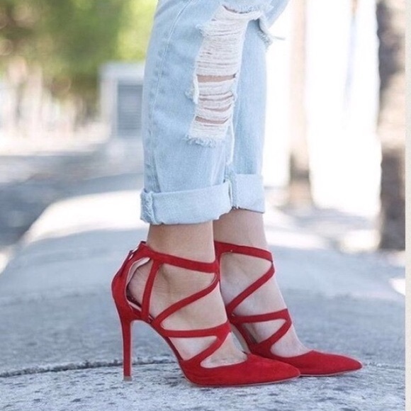 𝐙𝐀𝐑𝐀 Sexy Red Suede Strappy Cage Heels Closed Pointed Toe Size 9, 4” heel - Picture 1 of 11